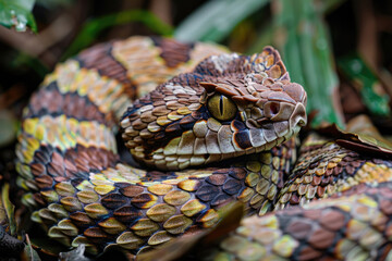 A rare, vividly patterned Gaboon viper coiled in the underbrush of a dense tropical forest