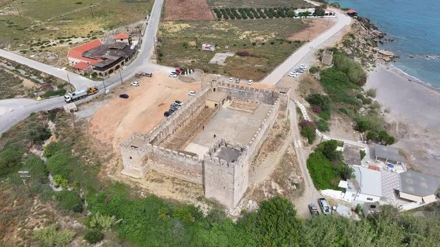 Aerial view of Venetian Castle of Frangokastello, in front of Lefka Ori Mountains (White Mountains), Chania region, Crete, Greek Islands, Greece