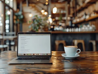 Blank screen laptop computer with cup of coffee on wooden table in cafe