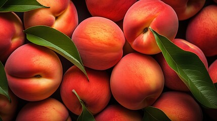 Fresh, ripe peaches with vibrant orange and pink hues, surrounded by green leaves. The peaches are arranged closely together, showcasing their smooth skin and natural shine background.