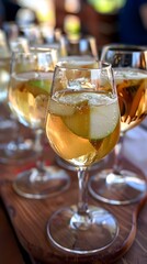 Obraz premium Apple Cider with Sparkling Wine in Glasses on Wooden Board