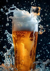 Glass of Beer with Ice Cube Splashing Water Droplets