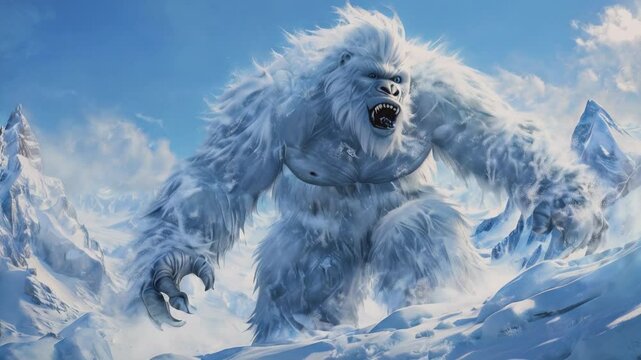 A massive Yeti creature roams the snowy mountains, showcasing its immense power and mythical presence. The icy landscape and the Yeti's intimidating size create an atmosphere of mystery and legend