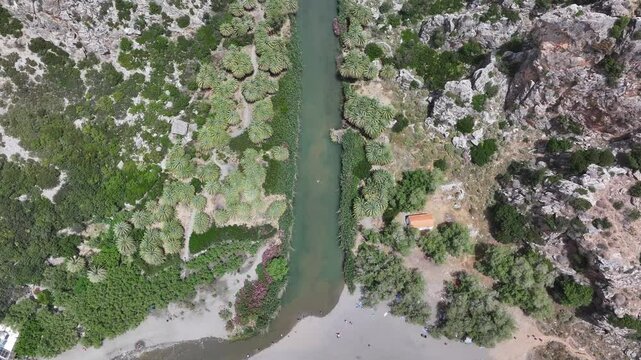 Aerial view of Palm beach of Preveli, Preveli Gorge, Rethymno, Crete, Greek Islands, Greece 