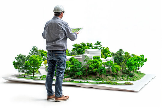 Architect using digital tablet analyzing model of sustainable building project