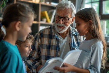 Senior Man Sharing Energy Conservation Tips with Kids, Educational Scene on Energy Efficiency at Home