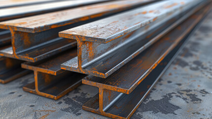 Rusty steel i-beams lying on top of each other in a construction site