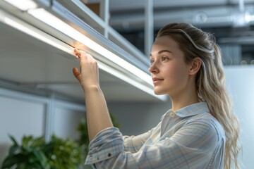 Fototapeta premium Enhanced Productivity: Woman Optimizing Office Lighting for Energy Efficiency and Well-being