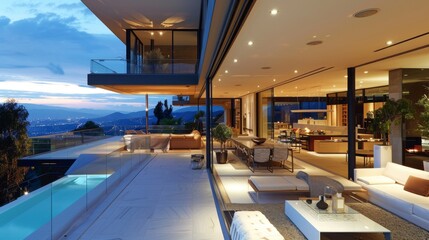 Modern house with swimming pool and city view at night.