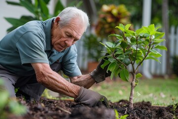 Fototapeta premium Eco-Friendly Living: Senior Man Planting Trees for Home Energy Efficiency and Natural Cooling Solutions