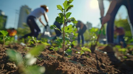 Fototapeta premium Environmental Justice Movement : A group of activists planting trees in an urban area