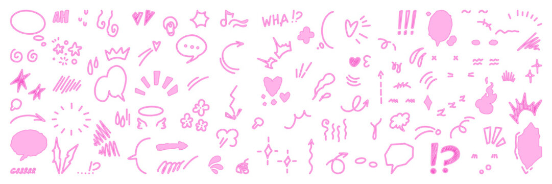 Hand drawn anime emotion effect. Set of manga texture and fur lines. Pink line movement vector element.