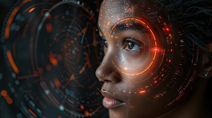 AI cyber security threat illustration, black African American female IT specialist analyzing data information technology, augmented reality artificial intelligence collage, side profile, copy space