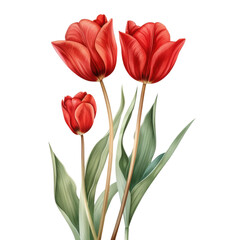 Three red tulips are standing next to each other with green leaves