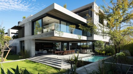 Modern Concrete House with Swimming Pool and Garden.