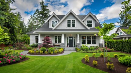 Obraz premium Beautiful Home With Lush Green Lawn and Landscaping.
