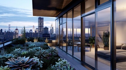 Fototapeta premium A sleek, minimalist urban apartment with large glass windows, a rooftop garden with succulents, and a view of the city skyline.