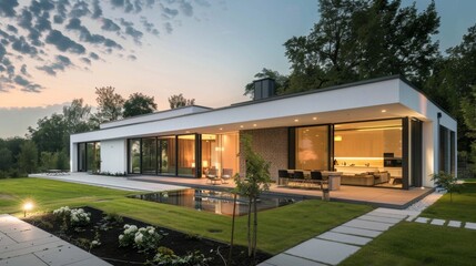 Modern House with Pool and Garden at Dusk.