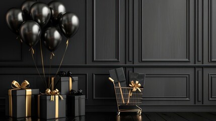 arafed black and gold presents with balloons and a