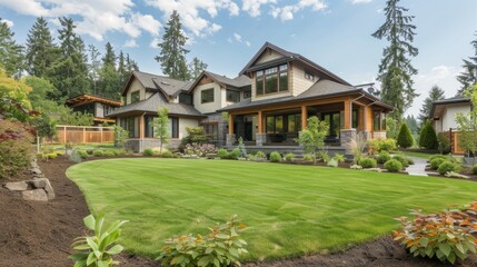 Modern House with Lush Green Lawn and Landscaping.