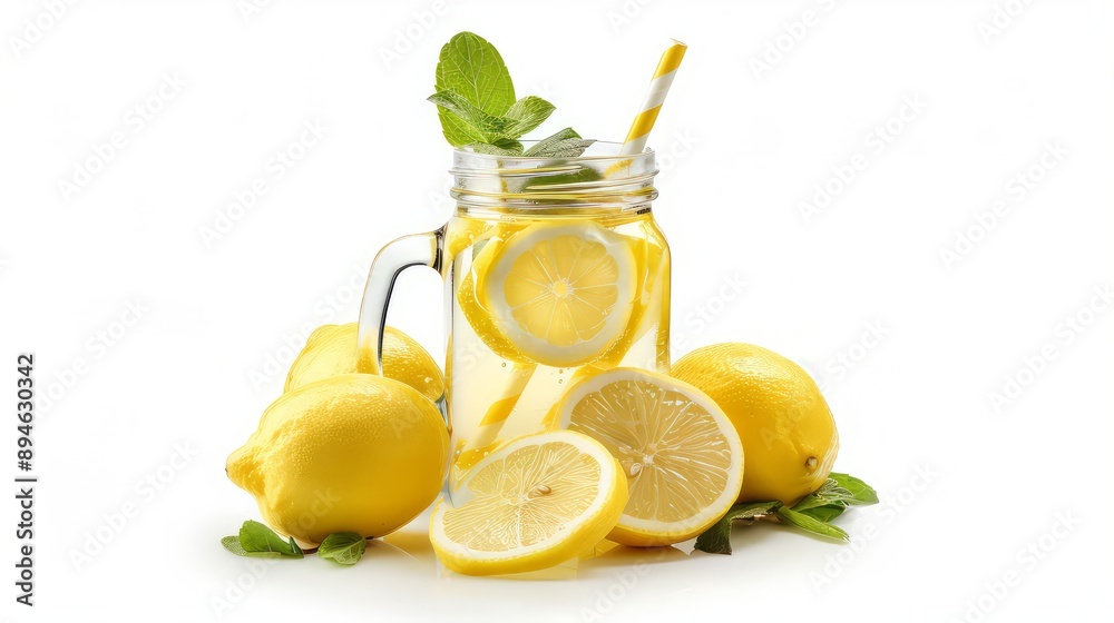 Wall mural glass of lemonade with lemons and straw isolated on white background.