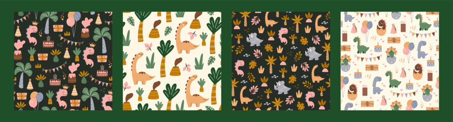 Dinosaur vector seamless pattern. Children's collection includes cute dinosaurs, palm trees, volcanoes and various elements. Dino baby. Colorful cute baby illustration.