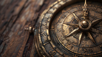 Obraz premium Vintage Antique Brass Dial on Rustic Wooden Background Evoking Nostalgia and Exploration