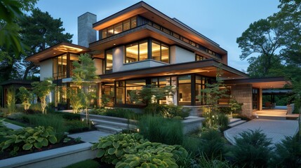 Modern House with Stone Exterior and Lush Landscaping at Dusk.