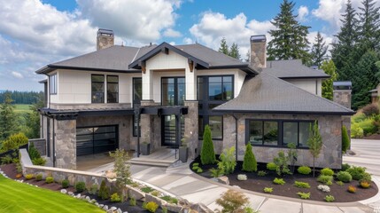 Modern Luxury Home with Stone Facade and Lush Landscaping.