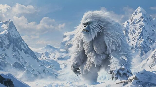 A massive Yeti creature roams the snowy mountains, showcasing its immense power and mythical presence. The icy landscape and the Yeti's intimidating size create an atmosphere of mystery and legend