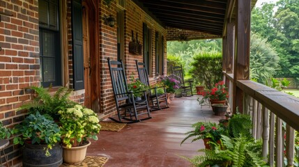 Rocking chairs on a porch with brick wall and greenery.
