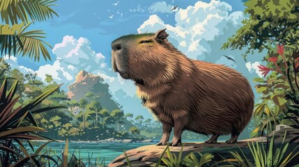 A serene capybara stands on a log amidst lush tropical foliage, enjoying the tranquility of a beautiful day under a sunny sky.