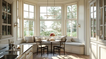 Fototapeta premium Cozy Morning Retreat: Sunny Breakfast Nook with Round Table and Bay Windows