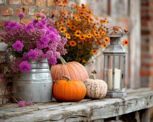 Autumn Flowers and Pumpkins on Wooden Bench