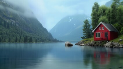 Fototapeta premium Red Cabin by a Norwegian Lake