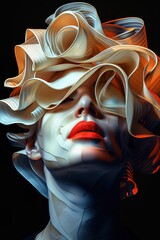 Woman with sculpted ruffled headpiece and red lips, close-up portrait