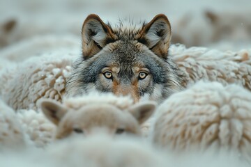 close up of a wolf in sheep group © HORA STUDIO