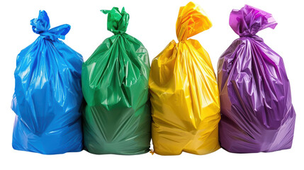 Four plastic bags of trash, one of which is purple