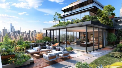 Fototapeta premium A sleek urban penthouse with floor-to-ceiling windows, a rooftop terrace, and a garden with modern furniture and panoramic city views.
