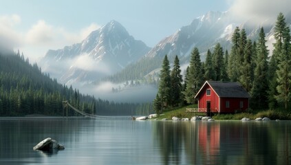 Red Cabin by Mountain Lake