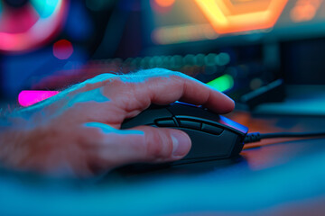 Gamer holding computer mouse against neon gaming setup blurry bokeh background.