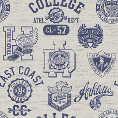 College athletic department badges and symbols patchwork wallpaper  vintage vector seamless pattern for sport wear fabric boy shirt grunge effect in separate layer