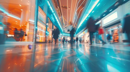 Dynamic motion blur of shoppers in modern mall with shopping bags, creating vibrant atmosphere