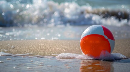 Obraz premium Beach ball on sandy shore with waves.