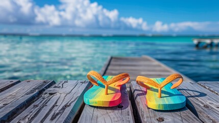 Colorful Flip Flops on a Wooden Deck with Ocean View.