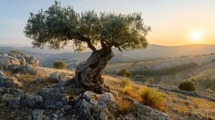 Ancient Olive Tree at Sunset in the Italian Countryside