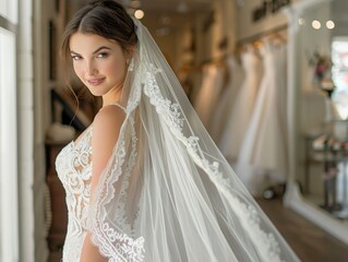 Confident bride poses in bridal boutique wearing intricate lace gown and delicate veil