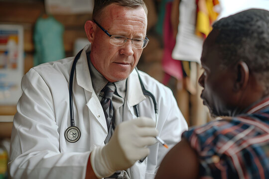 A doctor administering a vaccine to a patient in a community health setting, emphasizing care and health awareness.