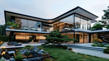 Obraz premium A stylish contemporary home with a sharp angular design, large glass panels, and a minimalist garden with a zen-like quality.