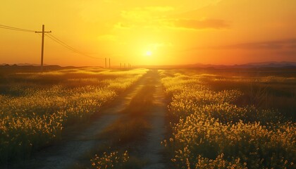 Beautiful summer sunset paints the sky with vibrant colors over a vast green field